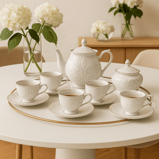 Set of 14 pieces for tea Scarlet New Bone White and gold