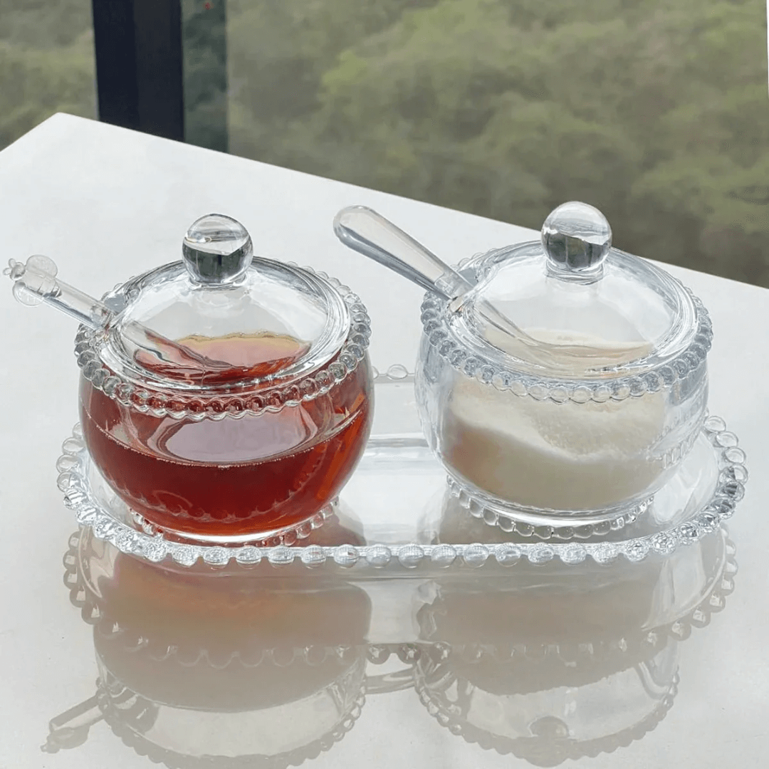 Honey pot set and Sugar bowl of Crystal Pearl 2 Pieces