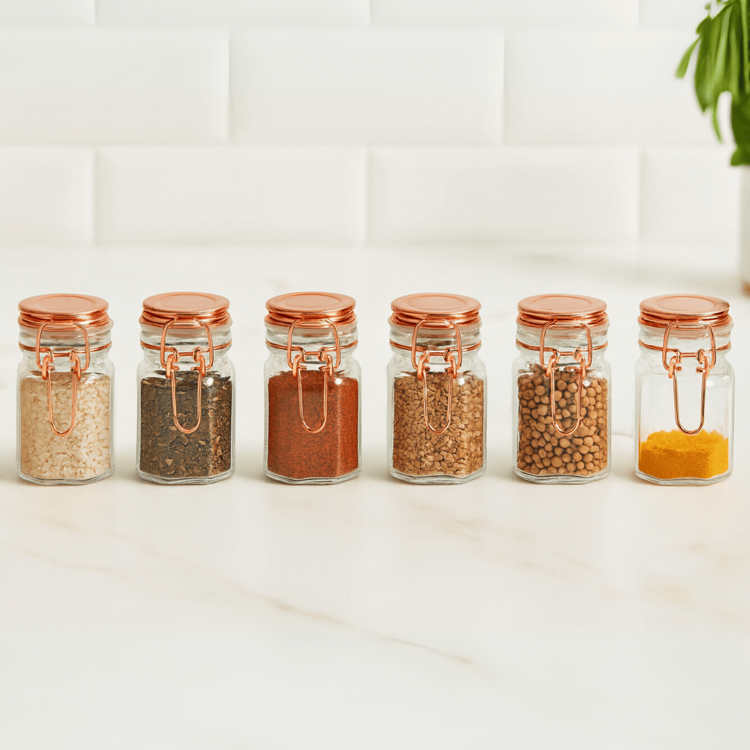 Kit 6 Spice rack Herméticos of Glass and Metal Rose gold