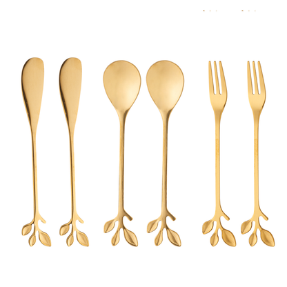 Set of 6-piece flatware Leaves Stainless steel Gold