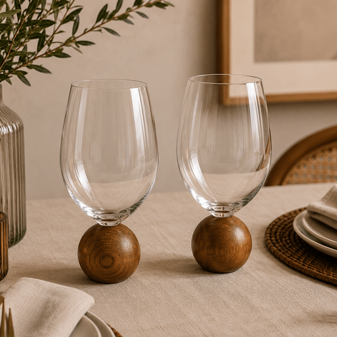 Set of 2 wine glasses Sphere base for wine Acacia wood and crystal 520ml