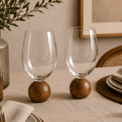Set of 2 wine glasses Sphere base for wine Acacia wood and crystal 520ml