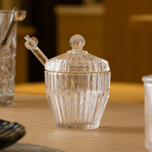 Honey pot with dipper and Lid Imperio Gold trim 11cm