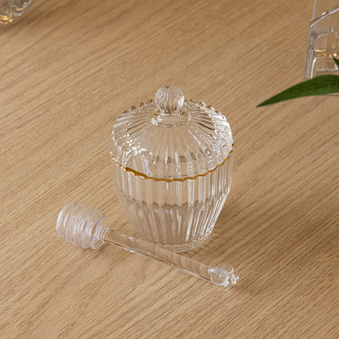 Honey pot with dipper and Lid Imperio Gold trim 11cm