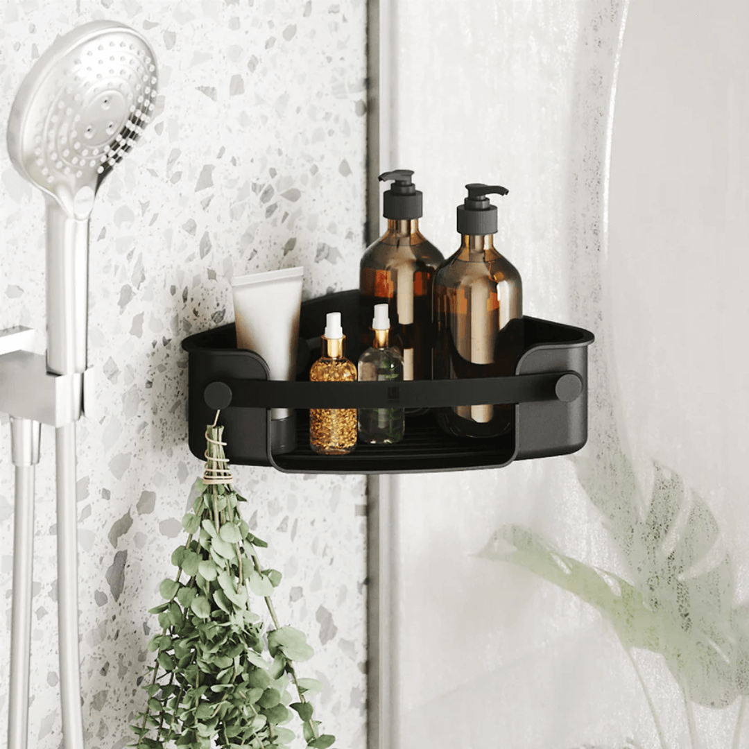 Corner shampoo holder with flex adhesive Black