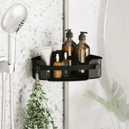 Corner shampoo holder with flex adhesive Black