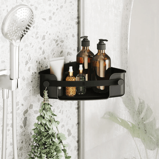 Corner shampoo holder with flex adhesive Black