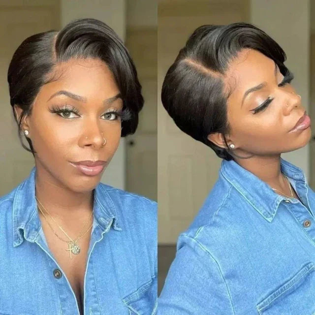 Lace natural cabelo curto Pixie com dois tipos de repartição