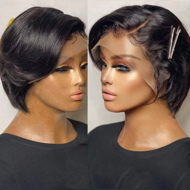 Lace natural cabelo curto Pixie com dois tipos de repartição
