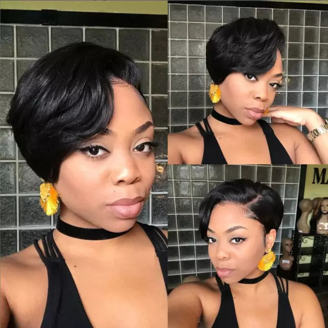 Lace natural cabelo curto Pixie com dois tipos de repartição