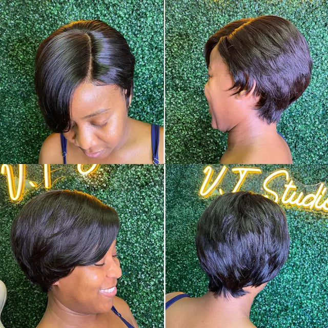 Lace natural cabelo curto Pixie com dois tipos de repartição