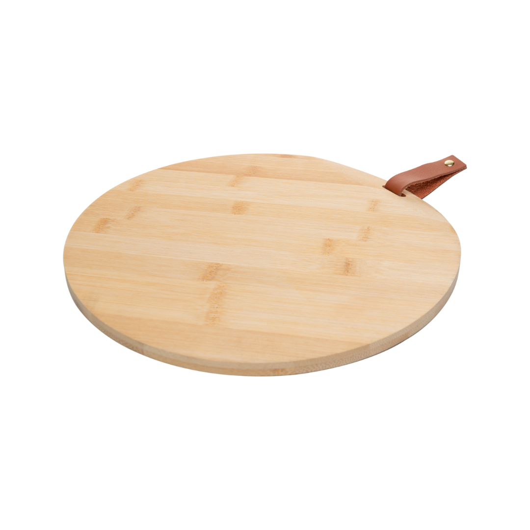 Cutting board Round Bamboo with handle of Leather 18cm