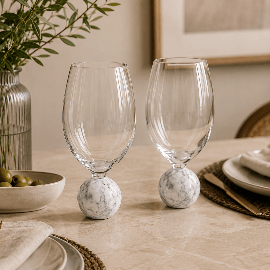 Set of 2 wine glasses Sphere base for wine Crystal and white marble 520ml