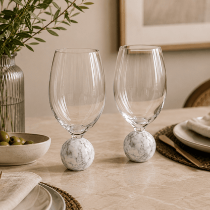 Set of 2 wine glasses Sphere base for wine Crystal and white marble 520ml