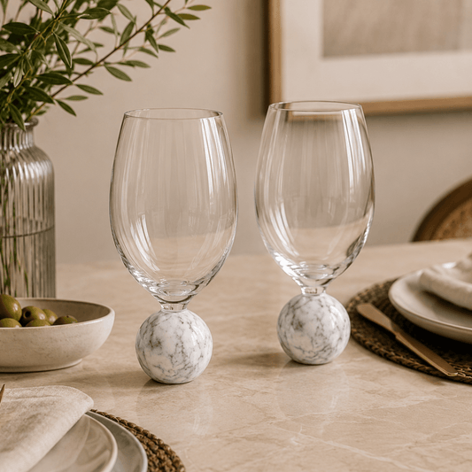 Set of 2 wine glasses Sphere base for wine Crystal and white marble 520ml