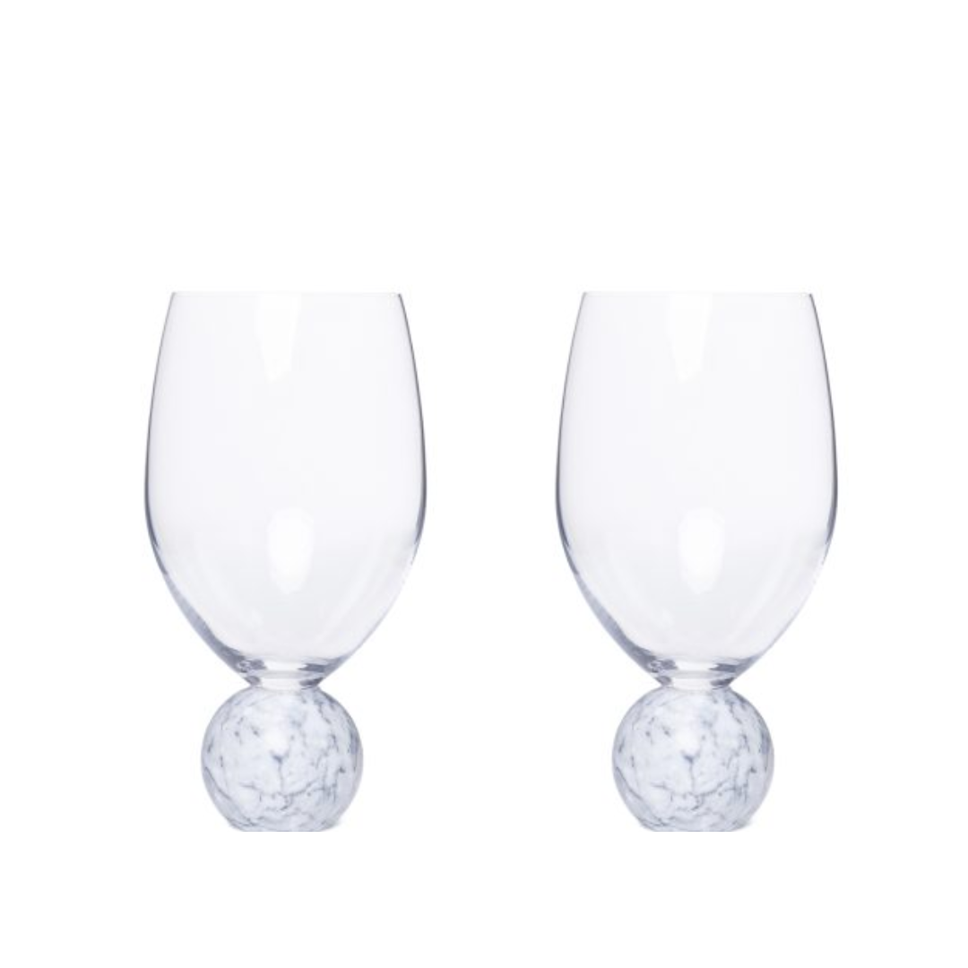 Set of 2 wine glasses Sphere base for wine Crystal and white marble 520ml