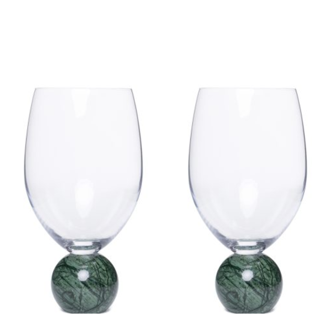 Set of 2 wine glasses Sphere base for wine Crystal and green marble 520ml