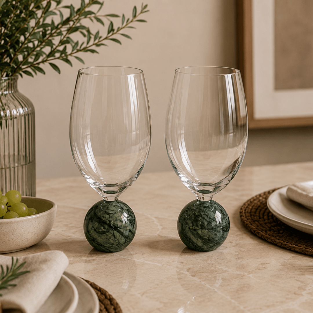 Set of 2 wine glasses Sphere base for wine Crystal and green marble 520ml