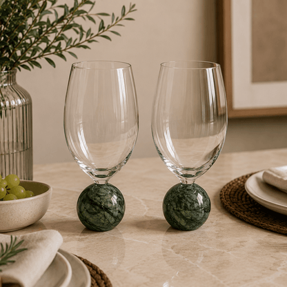 Set of 2 wine glasses Sphere base for wine Crystal and green marble 520ml