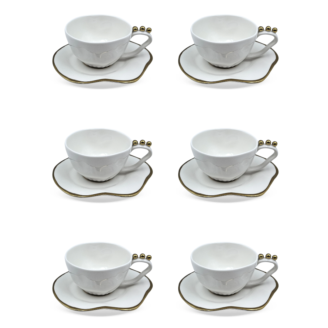 Set of 6 cups of Tea with saucer Ceramic White and gold 200ml