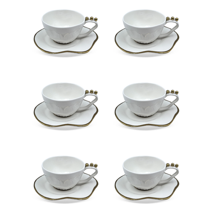 Set of 6 cups of Tea with saucer Ceramic White and gold 200ml