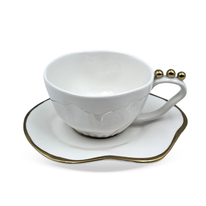 Set of 6 cups of Tea with saucer Ceramic White and gold 200ml