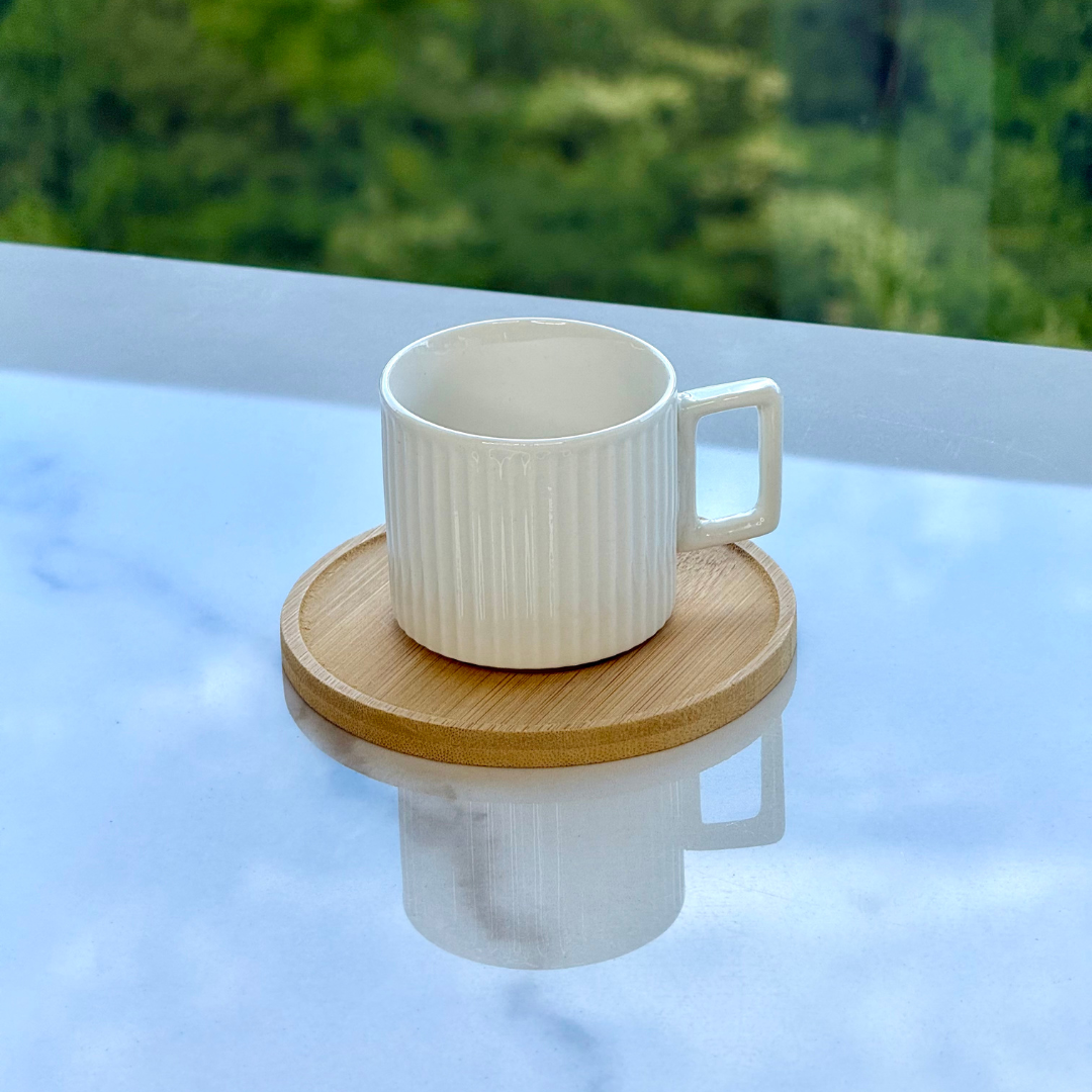 Set of 6 cups of Coffee White in porcelain with saucer of Wood 90ml