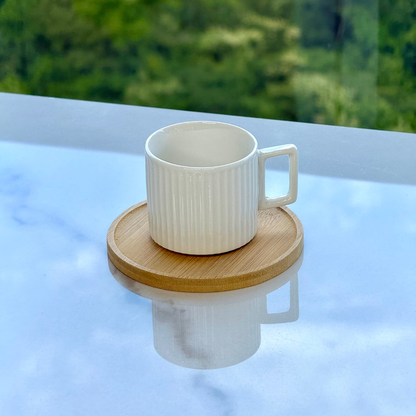 Set of 6 cups of Coffee White in porcelain with saucer of Wood 90ml