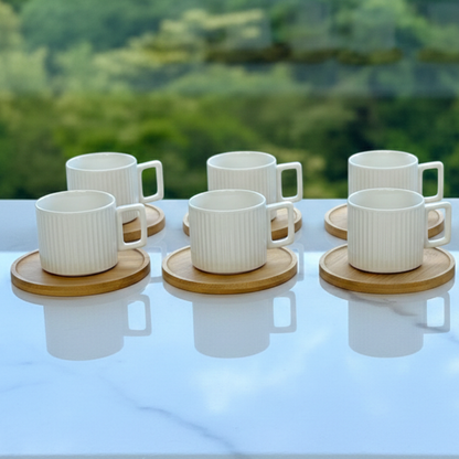 Set of 6 cups of Coffee White in porcelain with saucer of Wood 90ml