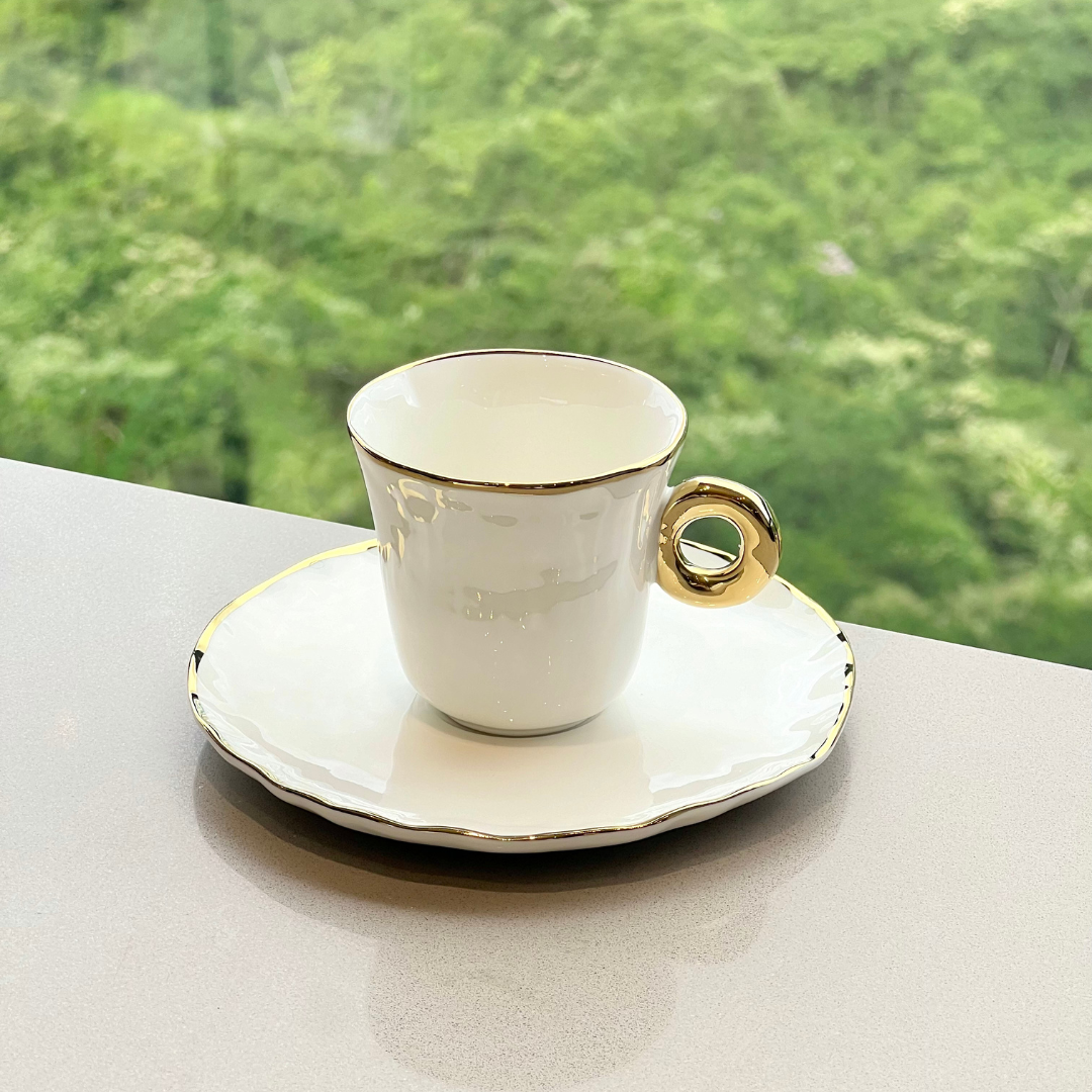 Set of 6 cups of Coffee with saucer Ceramic White and gold 80ml