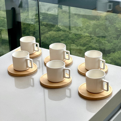 Set of 6 cups of Coffee White in porcelain with saucer of Wood 90ml