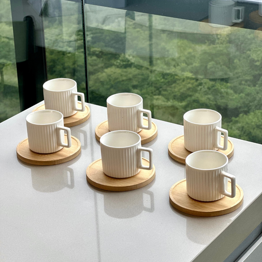 Set of 6 cups of Coffee White in porcelain with saucer of Wood 90ml