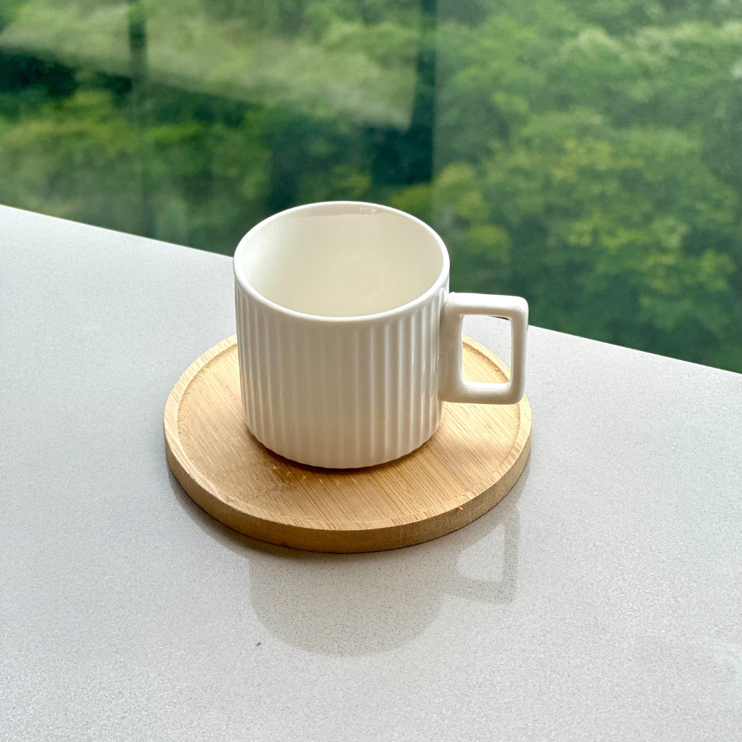 Set of 6 cups of Coffee White in porcelain with saucer of Wood 90ml
