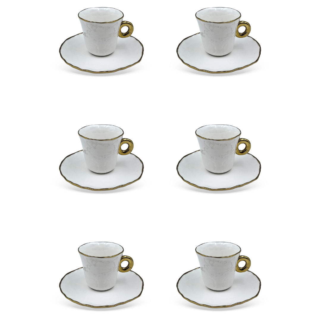 Set of 6 cups of Coffee with saucer Ceramic White and gold 80ml