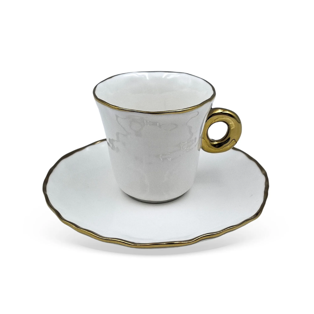 Set of 6 cups of Coffee with saucer Ceramic White and gold 80ml