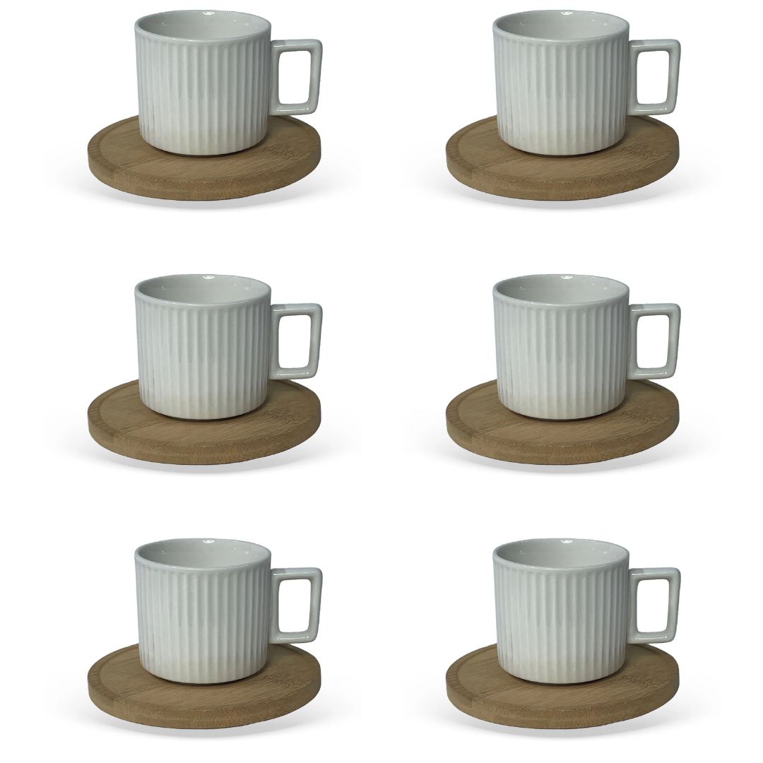 Set of 6 cups of Coffee White in porcelain with saucer of Wood 90ml