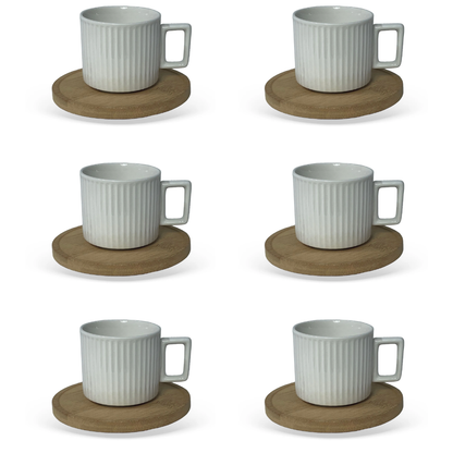 Set of 6 cups of Coffee White in porcelain with saucer of Wood 90ml
