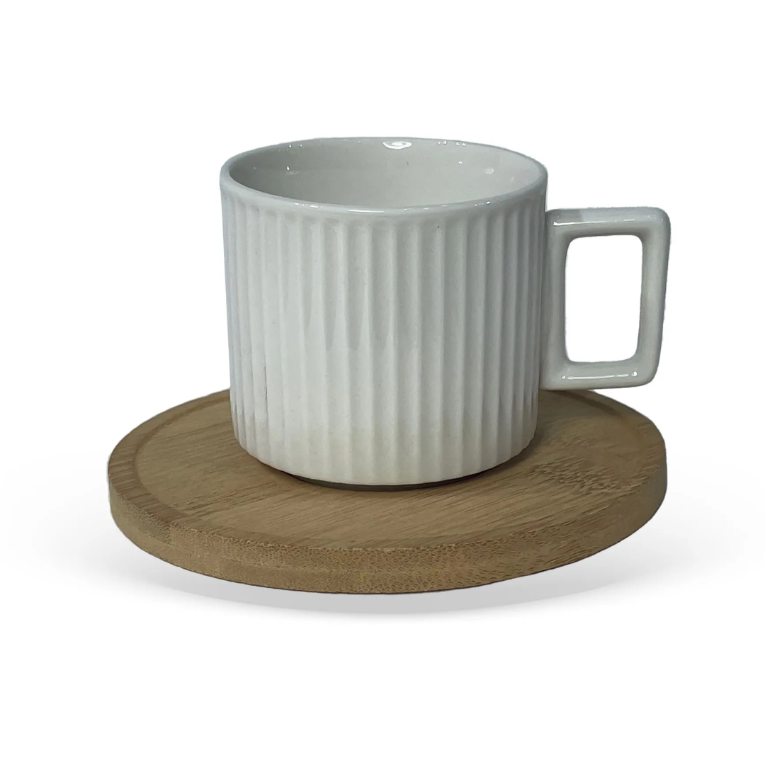Set of 6 cups of Coffee White in porcelain with saucer of Wood 90ml