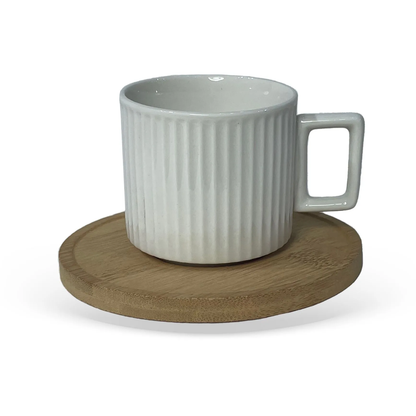 Set of 6 cups of Coffee White in porcelain with saucer of Wood 90ml